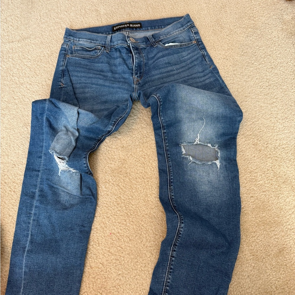 Express Women's Blue Distressed Skinny Jeans